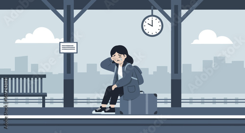 Illustration of a heartbroken woman sitting on her suitcase at a train station