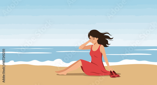 Illustration of a lonely woman in red dress sitting on the beach feeling sad and depressed