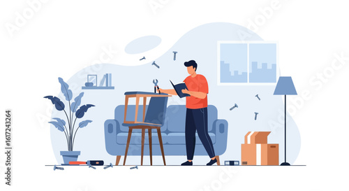 Illustration of a man assembling furniture in his living room with tools and instructions for a diy project
