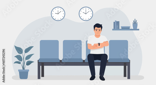 Man Anxiously Checking the Time While Waiting in an Empty Reception Area