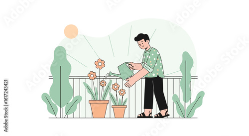 Man Caring For Potted Flowers On Balcony Enjoying Summer Day