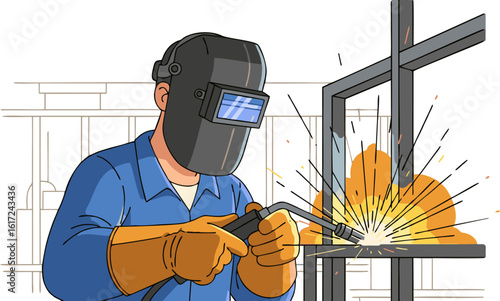 Cartoon Welder in Protective Gear Welding Metal Frame with Bright Sparks