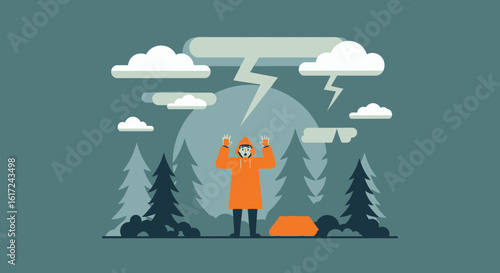Man Caught in a Lightning Storm in the Forest With Abstract Flat Design