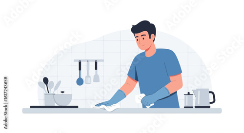 Man Cleaning Kitchen Countertop with Gloves and Cloth at Home Housekeeping Routine