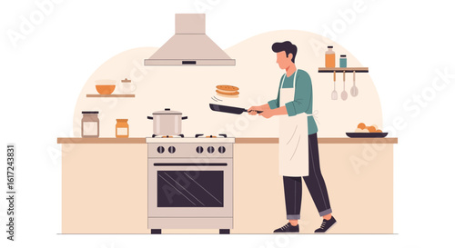 Man Cooks Pancakes In A Modern Kitchen Interior Vector Illustration