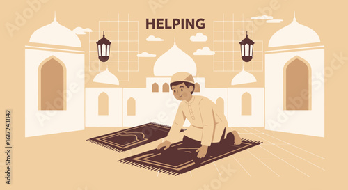 Illustration of a Muslim boy praying on a prayer rug in a mosque backdrop showcasing faith and devotion during ramadan