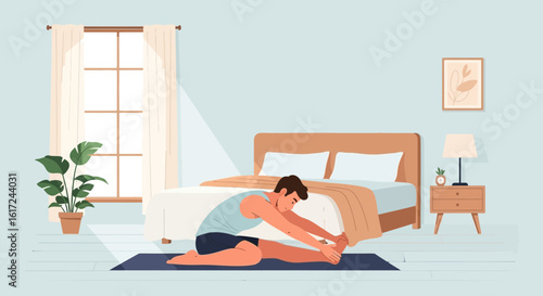 Man Doing Stretching Exercises In The Bedroom For Relaxation Routine