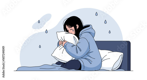 Illustration Of A Sad Teenager Crying And Hugging A Pillow In Bed