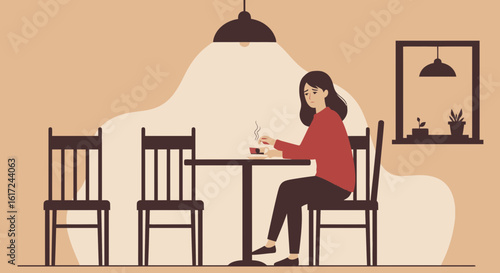 Illustration of a sad woman sitting alone in a cafe with a cup of coffee looking depressed and lonely feeling stressed out