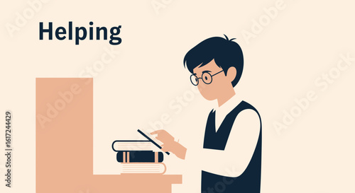 Illustration of a student learning or studying with books and a tablet device showing helping concept and assistance in study room
