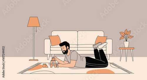 Man Enjoying Quiet Time Building Blocks On The Rug At Home In Living Room