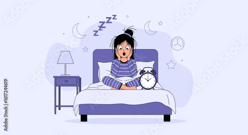 Illustration of a surprised woman in bed with alarm clock depicting morning rush and late awakening
