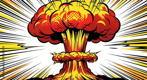 A stylized illustration of a large, mushroom-shaped explosion with radiating energy.