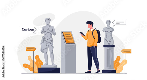 Man Enjoys Exploring Ancient Sculptures And Art Pieces In A Modern Museum