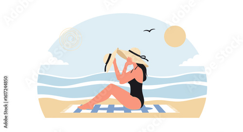 Illustration of a woman at the beach holding a sunhat enjoying summer