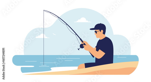 Man fishing on a sunny day vector illustration, perfect for summer activities and leisure time