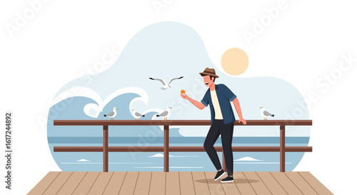 Man Feeding Seagulls At Ocean Pier In Summertime Holiday Scene Illustration