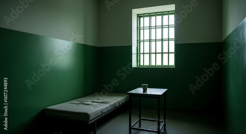 An austere prison cell with a bed, table, mug, and barred window. The walls are two-toned, green on the bottom, white on top, creating a somber atmosphere.