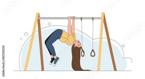 Illustration of a woman hanging upside down from a bar at the playground having fun and enjoying the summer time