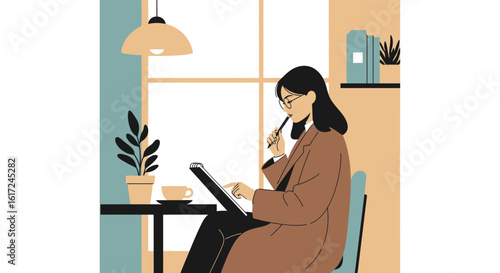 Illustration of a woman in a cafe working on her laptop with a coffee beside her showing productive moments