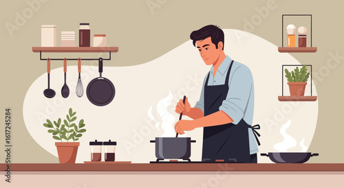 Man in apron preparing food in kitchen, cooking scene illustration flat design vector with kitchenware and food on the shelves
