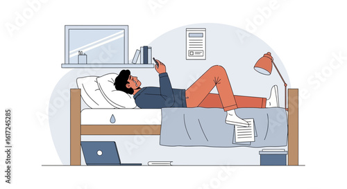 Man In Bed Using His Phone Expressing Sadness With Modern Line Art Style