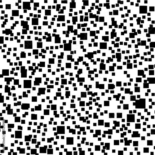 An abstract monochrome background featuring a dense scattering of black squares of varying sizes and orientations