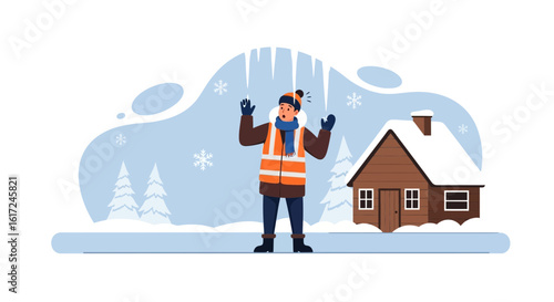Man In Winter Facing Falling Icicles Near A Snow-Covered Cabin