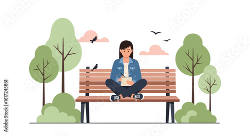 Illustration of a woman writing in a park, enjoying nature and creative inspiration outdoors