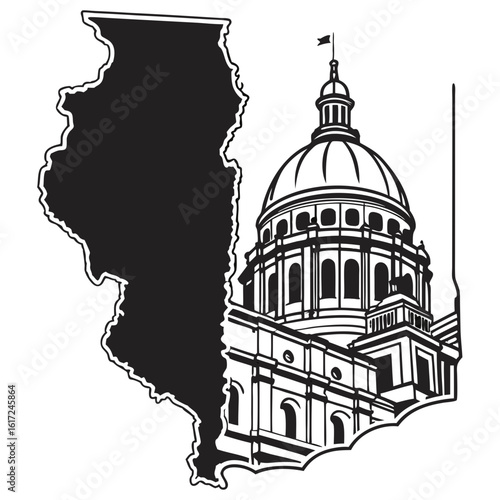 A black and white graphic illustration of the Illinois State Capitol building next to a silhouette of the state map.