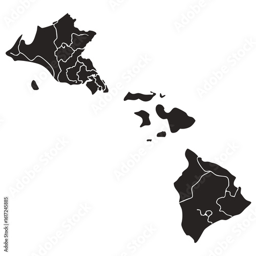 Silhouette depiction of the Hawaiian Islands, showcasing the geographical outlines and internal divisions.