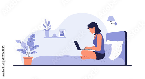 Illustration of a woman working on a laptop in bed symbolizing modern lifestyle and work from home