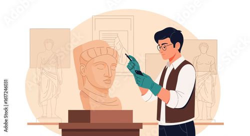 Man Is Sculpting Ancient Stone Bust In A Museum Exhibition Hall