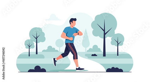Man Jogging In The Park Checking His Fitness Tracker Device