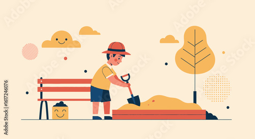 Illustration of a young boy playing in a sandbox at a park on a sunny day enjoying childhood
