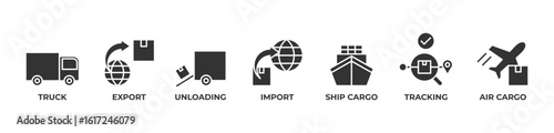 Seamless Global Logistics Icons set vector illustration glyph with Truck, Export, Unloading, Import, Ship cargo, Tracking, Air cargo