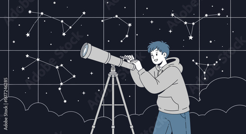 Man Observing Stars And Constellations With Telescope At Night Time