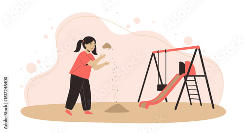 Illustration of a young girl playing with sand near playground equipment in a park scene