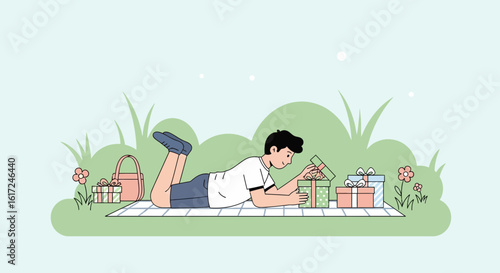Man Opens Gifts At Relaxing Picnic In Park Outdoors Celebrating Something