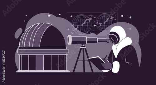 Illustration of an astronomer looking through a telescope at night, taking notes on celestial observations, inside a lunar observatory