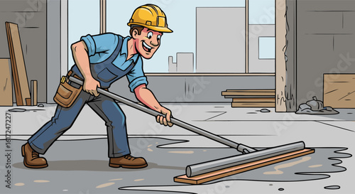 Cheerful Construction Worker Smoothing Concrete Floor with a Long Screed