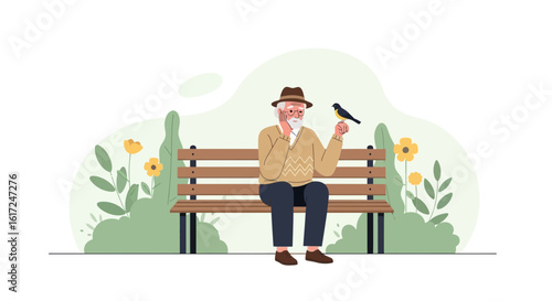 Illustration of an elderly man on a bench interacting with a bird in park