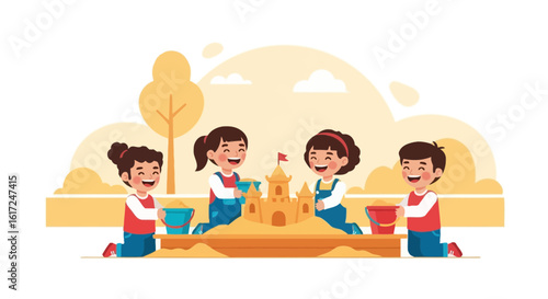 Illustration of happy children playing in a sandbox building a sandcastle in a park
