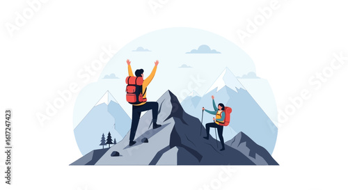 Illustration of hikers reaching a mountain peak with mountain range backdrop
