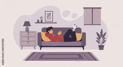 Man Relaxing On Sofa Using Smartphone Enjoying Downtime At Home
