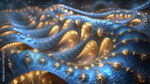 Celestial Sapphire Waves: Fractal Art with Golden Luminescence