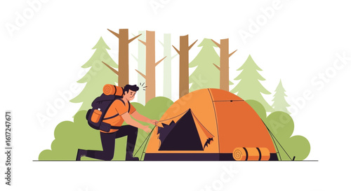 Man Setting Up Tent in Forest: Illustration of Adventure and Outdoor Activities