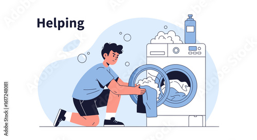 Illustrative depiction of a man diligently loading clothes into a washing machine showcasing domestic duties and shared responsibilities