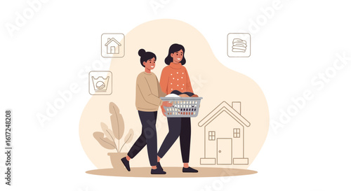 Illustrative depiction of two women doing laundry together at home with care and teamwork