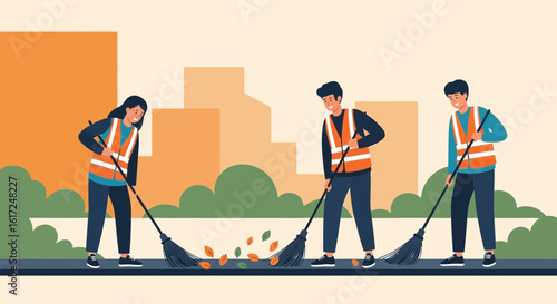 Illustrative depiction of cleaning workers sweeping street with autumn leaves